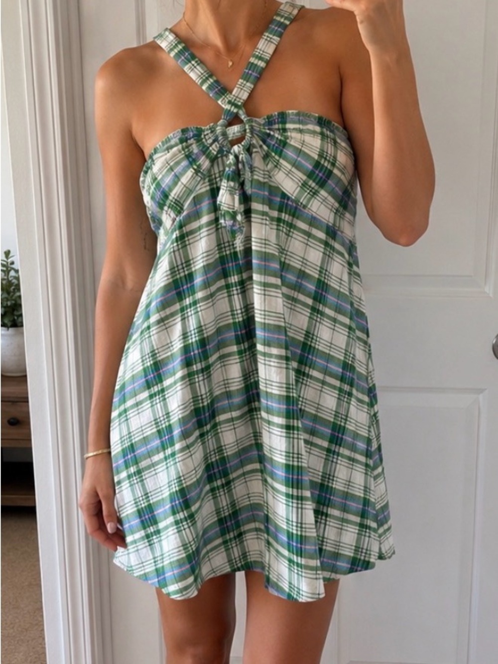 Urban Outfitters Green Plaid Mini Dress with Purple Accents